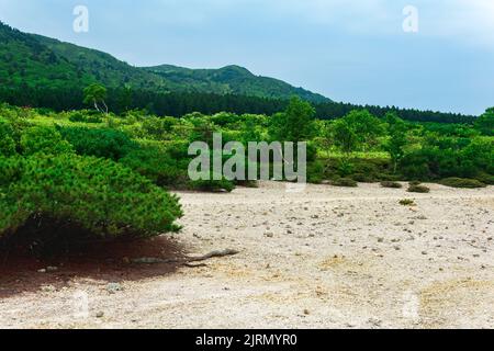 Paysage de l'île de Kunashir, tephra plage d'un lac chaud au fond du volcan de Golovnin caldera Banque D'Images