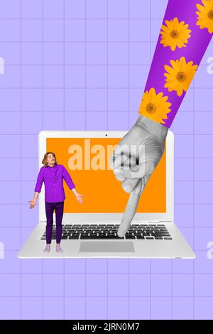 Creative 3D photo art collage de type confus programmeur haussement désolé ne pas tourner sur ordinateur problème grande main fleur motif manchon Banque D'Images