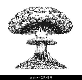 Explosion nucléaire. Bombe atomique, croquis de nuages de champignons. Radiation et destruction. Illustration du vecteur d'arme isolée Illustration de Vecteur