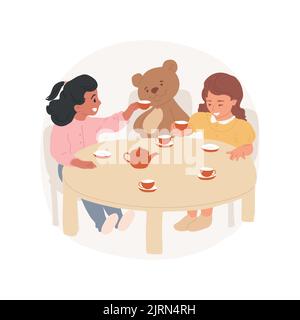 Illustration vectorielle isolée de jeu de thé. Filles jouant dans une pièce, ours en peluche assis à une petite table, ensemble de jeu de thé, tasses de remplissage, jeu de rôle d'enfants, partie pour jouets vector caricature. Illustration de Vecteur