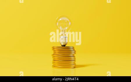 Concept d'augmentation du coût de l'énergie. Ampoule sur une pile de pièces en or. 3D rendu Banque D'Images