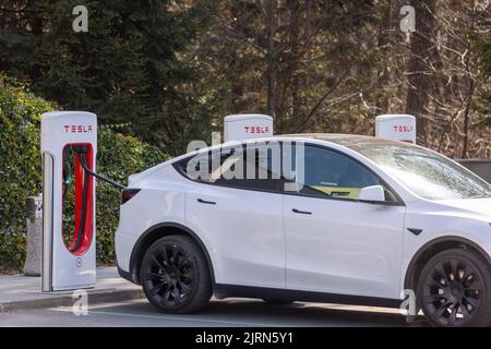 Slovénie, Ljubljana - 26 mars 2022 : charge de Tesla de voiture électrique à la station de compresseur de suralimentation Banque D'Images