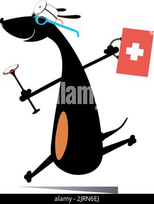 Le chien souriant court pour donner l'illustration de l'aide médicale. Caricature dépêchez-vous dachshund un médecin avec un sac de docteur et un endoscope isolé sur blanc Illustration de Vecteur