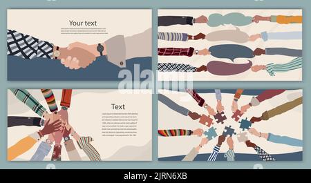 Collègues d'affaires de l'équipe communautaire. Accord ou activité entre collègues de groupe. Page Web modifiable - modèle, bannière ou affiche de couverture. Poignée Illustration de Vecteur