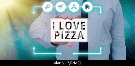 Légende conceptuelle I Love Pizza. Business concept à aimer beaucoup de nourriture italienne avec fromage jambon pepperoni en tranches homme d'affaires appuyant sur Fingerprint Banque D'Images