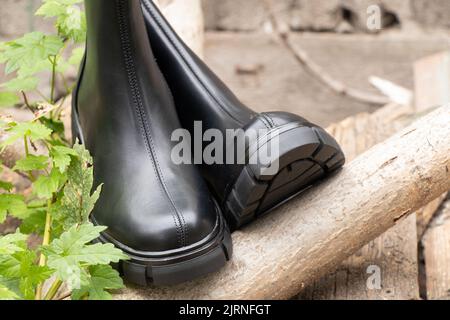 chaussures montantes noires pour femmes avec semelles épaisses sur des bûches, chaussures hiver pour femmes, chaussures et mode Banque D'Images