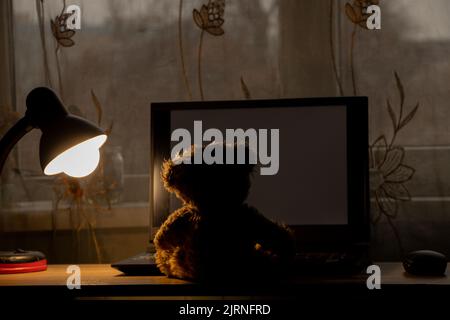 ours en peluche pour enfants assis portant un ordinateur portable sur la table, portant une lampe de table dans les chambres la nuit, portant des fenêtres, solitude, joie dans une la Banque D'Images