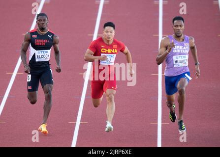 Jerod Elcock, Bingtian su et Zharnel Hughes participant aux épreuves masculines de 100m aux Championnats du monde d'athlétisme, Hayward Field, Eugene, Oregon, États-Unis Banque D'Images