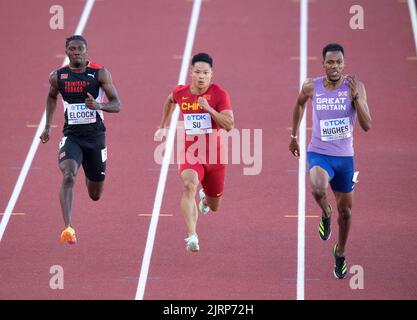 Jerod Elcock, Bingtian su et Zharnel Hughes participant aux épreuves masculines de 100m aux Championnats du monde d'athlétisme, Hayward Field, Eugene, Oregon, États-Unis Banque D'Images