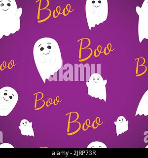 Halloween blanc fantômes sans couture motif, mignon Esprit sur fond violet. Illustration de Vecteur