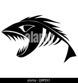 image graphique noire d'un squelette de poisson sur fond blanc, illustration, dessin Banque D'Images