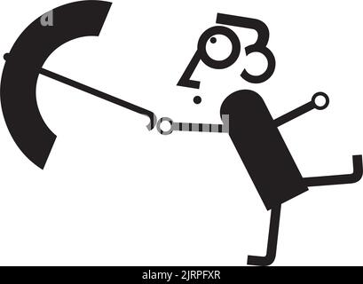 Vent fort, pluie et homme avec parapluie illustration isolée. Tourbillon, pluie et homme avec icône de parapluie isolée sur blanc Illustration de Vecteur