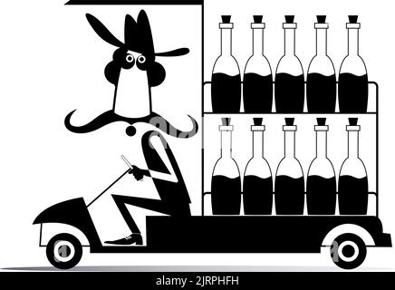 Illustration du travailleur, du camion et des bouteilles. L'homme de longue moustache drôle dans le chapeau conduit un camion avec beaucoup de bouteilles noir sur blanc Illustration de Vecteur