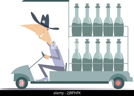 Illustration de l'employé, du camion et des bouteilles. Drôle d'homme dans le chapeau conduit un camion avec beaucoup de bouteilles isolées sur blanc Illustration de Vecteur