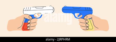 Les mains tiennent des armes dans le symbole du drapeau de l'Ukraine et de la Russie, VS. Illustration de Vecteur