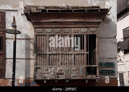 Balcon traditionnel en bois Al Balad Jeddah Arabie Saoudite Banque D'Images