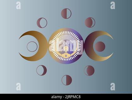 Icône de femme Wiccan, symbole de la triple déesse des phases de lune. Triple Lune religieuse Wicca signe. Logo Neopaganism. Cycles du calendrier lunaire. Nouveau, pleine lune Illustration de Vecteur