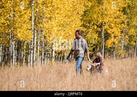 Un père et sa fille ont fait une randonnée dans une bosquet d'Aspen. Banque D'Images