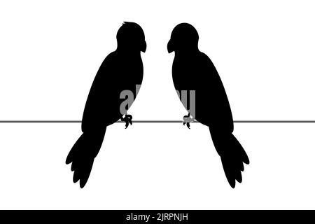 Les perroquets de silhouette s'assoient sur un fil. Silhouette d'oiseaux sur un fil. Illustration isolée sur fond blanc. Vecteur. Illustration de Vecteur