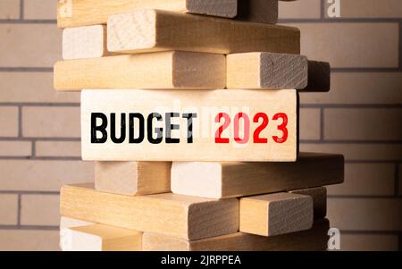 2023 concept de planification et d'allocation du budget. Cube en bois l'inscription BUDGET 2023 avec fond vert, espace copie. Utiliser pour la bannière et la présentation Banque D'Images