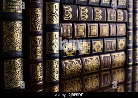 Detalle de unos libros clásicos en la estantería de una biblioteca Banque D'Images