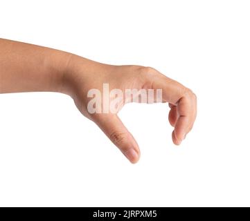 Main de femme tenant quelque chose sur fond blanc avec des chemins d'écrêtage Banque D'Images