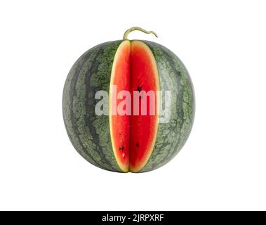 Melon d'eau rayé mûr sur fond blanc avec des chemins d'écrêtage. Banque D'Images