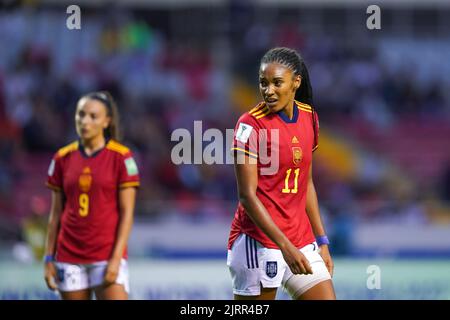 San José, Costa Rica. 25th août 2022. San José, Costa Rica, 25 août 2022: Salma Paralluelo (11 Espagne) semble découragé et déçu après une occasion manquée lors de la coupe du monde FIFA U20 Womens Costa Rica 2022 football demi-match entre l'Espagne et les pays-Bas à l'Estadio Nacional à San José, Costa Rica. (Daniela Porcelli/SPP) crédit: SPP Sport presse photo. /Alamy Live News Banque D'Images