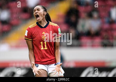 San José. 25th août 2022. Salma Paralluelo d'Espagne réagit lors du match semi-fin entre l'Espagne et les pays-Bas de la coupe du monde des femmes U-20 FIFA 2022 à San Jose, Costa Rica, le 25 août 2022. Credit: Xin Yuewei/Xinhua/Alay Live News Banque D'Images