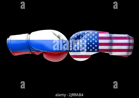 3D drapeaux d'illustration de la Russie et des Etats-Unis sur des gants de boxe isolés sur fond noir. Banque D'Images