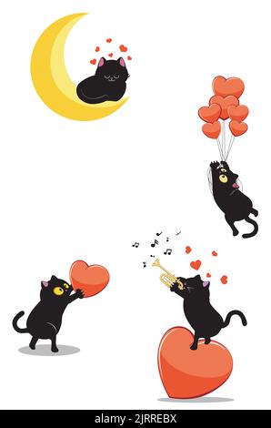 Chat noir mignon volant sur des ballons rouges de coeur au chat dort sur croissant de lune, chat jouant la trompette et chat avec coeur illustration. Illustration de Vecteur