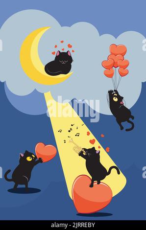 Chat noir mignon volant sur des ballons rouges de coeur au chat dort sur croissant de lune, chat jouant la trompette et chat avec coeur illustration. Illustration de Vecteur