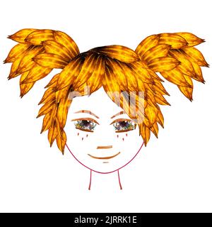 Application, visage fait de fleurs Columbine en poudre multicolores séchées, iris brun long et rigide. Petit papillon jaune en cheveux orange provenant de la transpare d'orme Banque D'Images