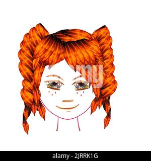 Application, visage fait de fleurs Columbine en poudre multicolores séchées, iris brun long et rigide. Fille avec des tresses d'orange de coiffure d'orme et de trans rouge Banque D'Images