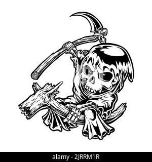 Crâne de maçon sombre avec scythe de bois monochrome illustrations vectorielles pour votre travail logo, t-shirt de marchandise de mascotte, autocollants et dessins d'étiquettes, affiche, Banque D'Images