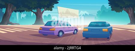 Voitures roulant à l'arrière de l'autoroute, automobiles roulant le long de la route asphaltée avec des arbres par les côtés et paysage de montagne sous le ciel bleu à la journée ensoleillée, tra Illustration de Vecteur