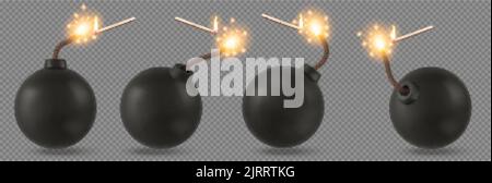 Bombes noires avec fusible en feu et allumettes avec feu, dynamite explosive avec mèche de corde isolée sur fond transparent. La dangereuse destruction crache Illustration de Vecteur