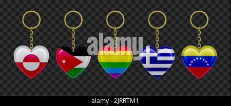 Porte-clés en cuir en forme de coeur avec drapeaux de pays et arc-en-ciel. Ensemble vectoriel réaliste de 3D bibelots avec des imprimés de Grèce, Groenland, Jordanie, Venezu Illustration de Vecteur