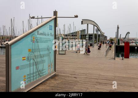 Une vue panoramique sur Rambla de Mar à Barcelone, Espagne par une journée nuageux Banque D'Images