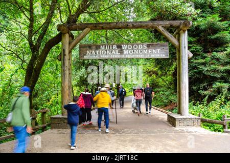 Personnes entrant dans Muir Woods passant sous un panneau suspendu du haut d'une porte en bois à l'entrée des bois. Banque D'Images