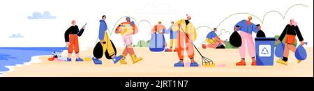 Ecology volontaires nettoyer la plage de déchets, personnage plat illustration vectorielle. De jeunes hommes et femmes heureux ramassant, mettant des déchets dans les REC Illustration de Vecteur