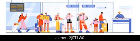 Passagers en file d'attente au comptoir d'enregistrement du terminal de l'aéroport. Les personnes avec des valises, un téléphone, une carte et des sacs à dos attendent en file d'attente pour s'inscrire à de Illustration de Vecteur