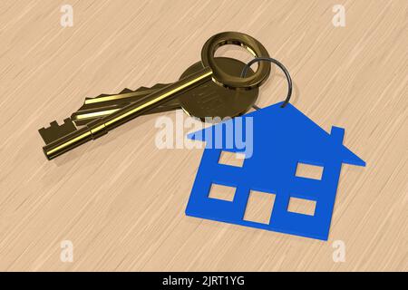 Clés de maison clé 3D rendu porte-clés avec maison nouveau concept hypothécaire de maison Banque D'Images