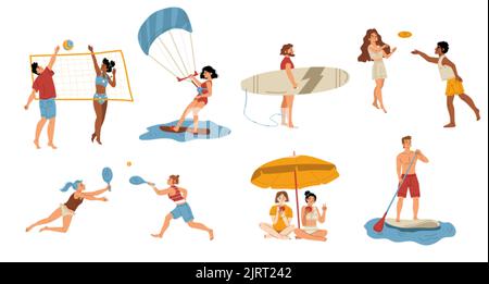 Les jeunes ayant un repos actif sur la plage plat caractère ensemble isolé sur blanc. Illustration vectorielle des hommes et des femmes heureux jouant au volley, Frisbee, Illustration de Vecteur