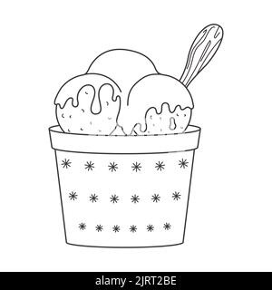 Contour boules de glace avec glaçage fondu et cuillère en bois dans un bol avec flocons de neige. Dessert laitier froid. Mets sucrés de saison. Doodle noir et blanc Illustration de Vecteur