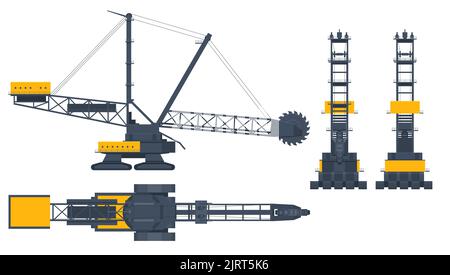 Pelle hydraulique à godets sur pneus isométrique. BWE, pelle hydraulique sur pneus pour applications minières lignite. Vue avant, arrière, latérale et supérieure. Carrière minière, mine. Équipement pour haut Illustration de Vecteur