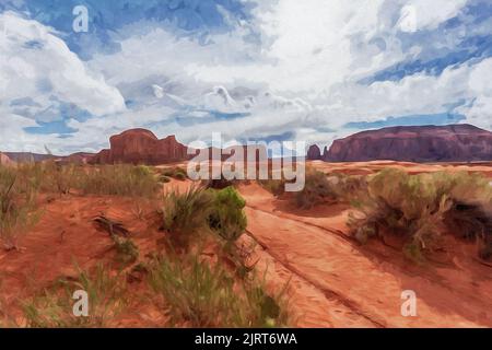 Création numérique de peinture aquarelle d'une route de terre désertique à travers Monument Valley Banque D'Images