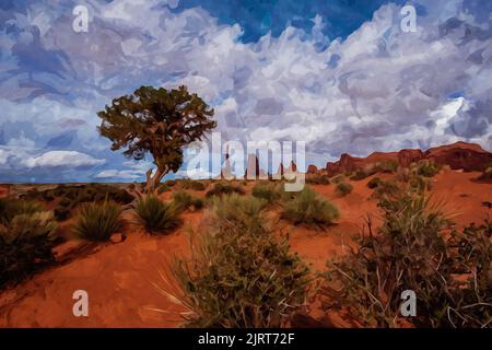 Peinture à l'aquarelle créée numériquement de formations de grès Totem pole et dunes de sable, Monument Valley, Arizona, États-Unis Banque D'Images