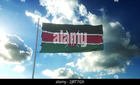 Drapeau du Kenya agitant au vent contre un beau ciel bleu. 3d illustration. Banque D'Images