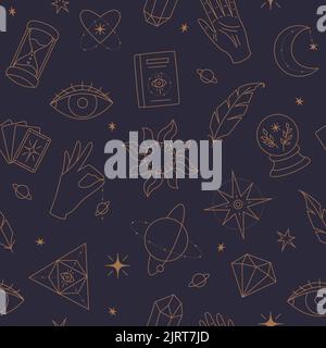 Motif ésotérique sans couture. Icônes magiques symboles minimalistes, planètes, mains et cristaux, cartes et yeux. Illustration vectorielle linéaire sombre dessinée à la main Illustration de Vecteur
